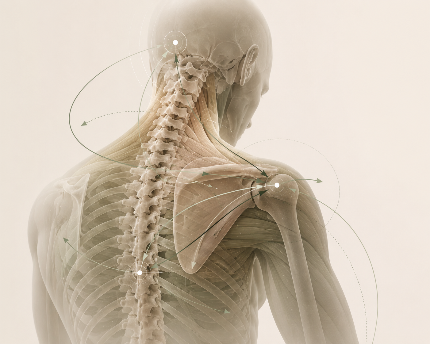 Anatomy illustration showing compensation, guarding, and abnormal loading around the neck and back.