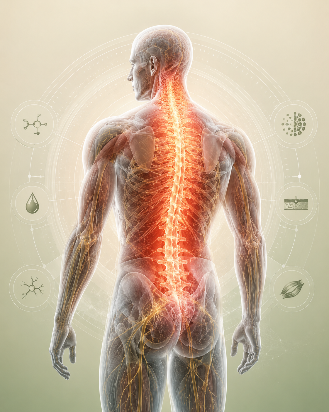 Therapeutic laser effect illustration over spine and nerves.