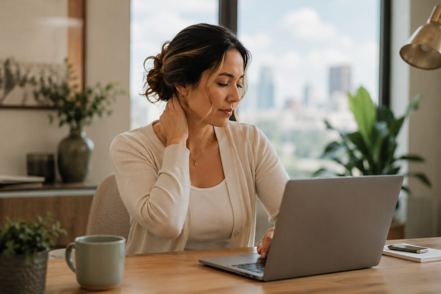 Woman holding her neck while sitting at a laptop.