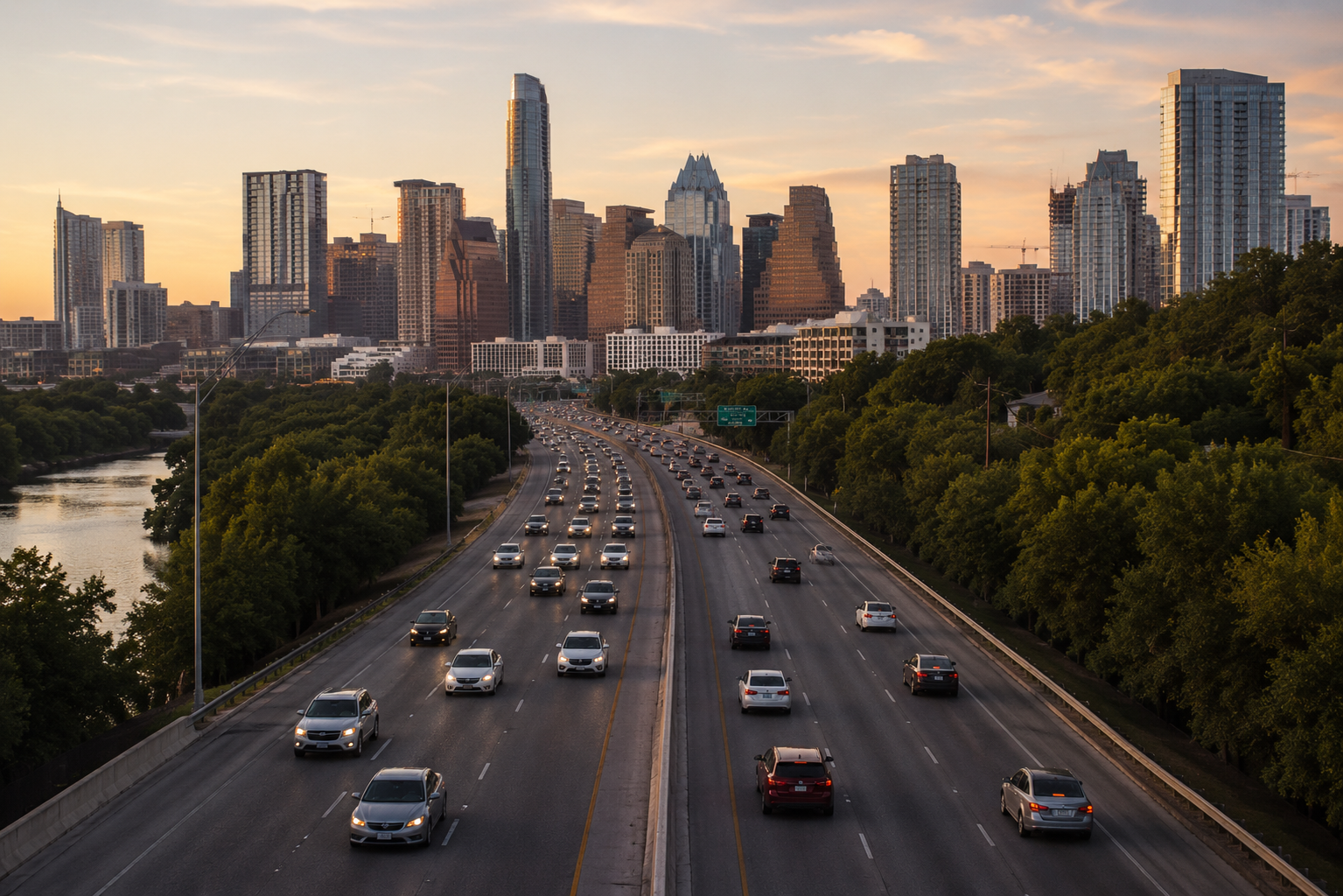 Tr&aacute;fico y skyline de Austin al atardecer.