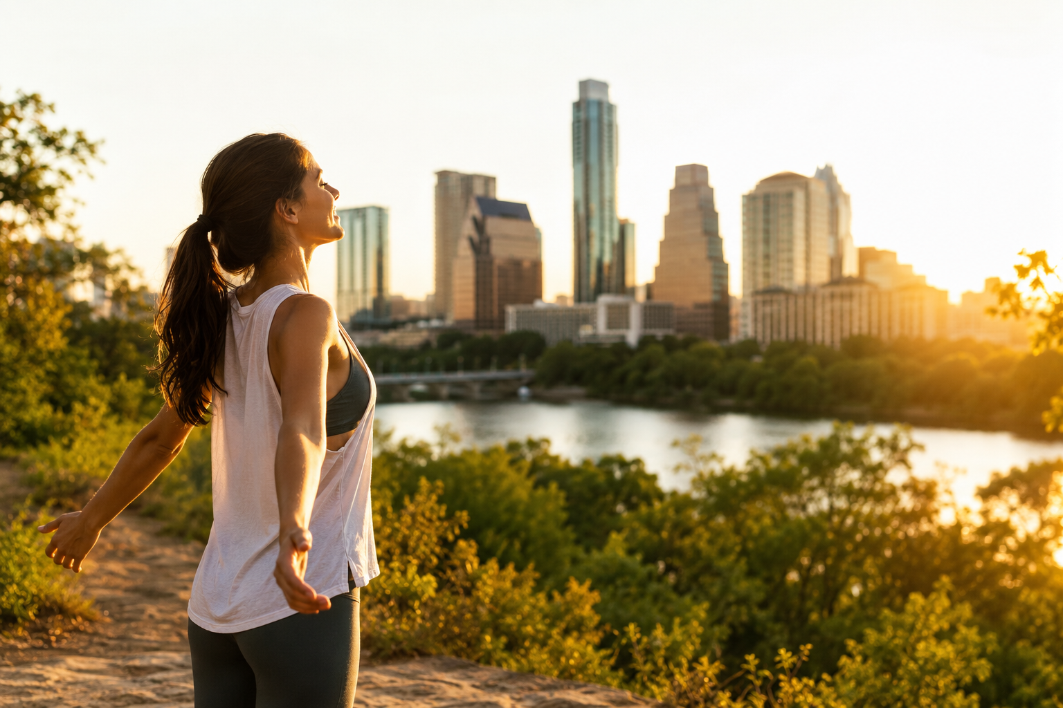Austin skyline and green landscape.