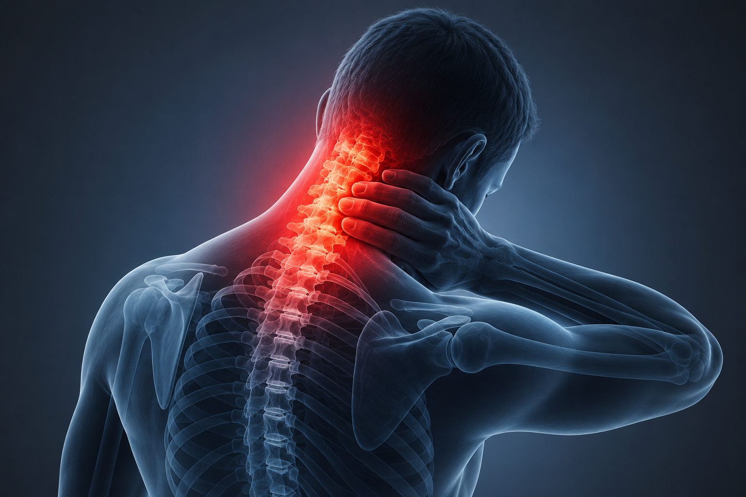 Imagen conceptual que muestra estr&eacute;s de latigazo cervical en el cuello y la parte alta de la columna.