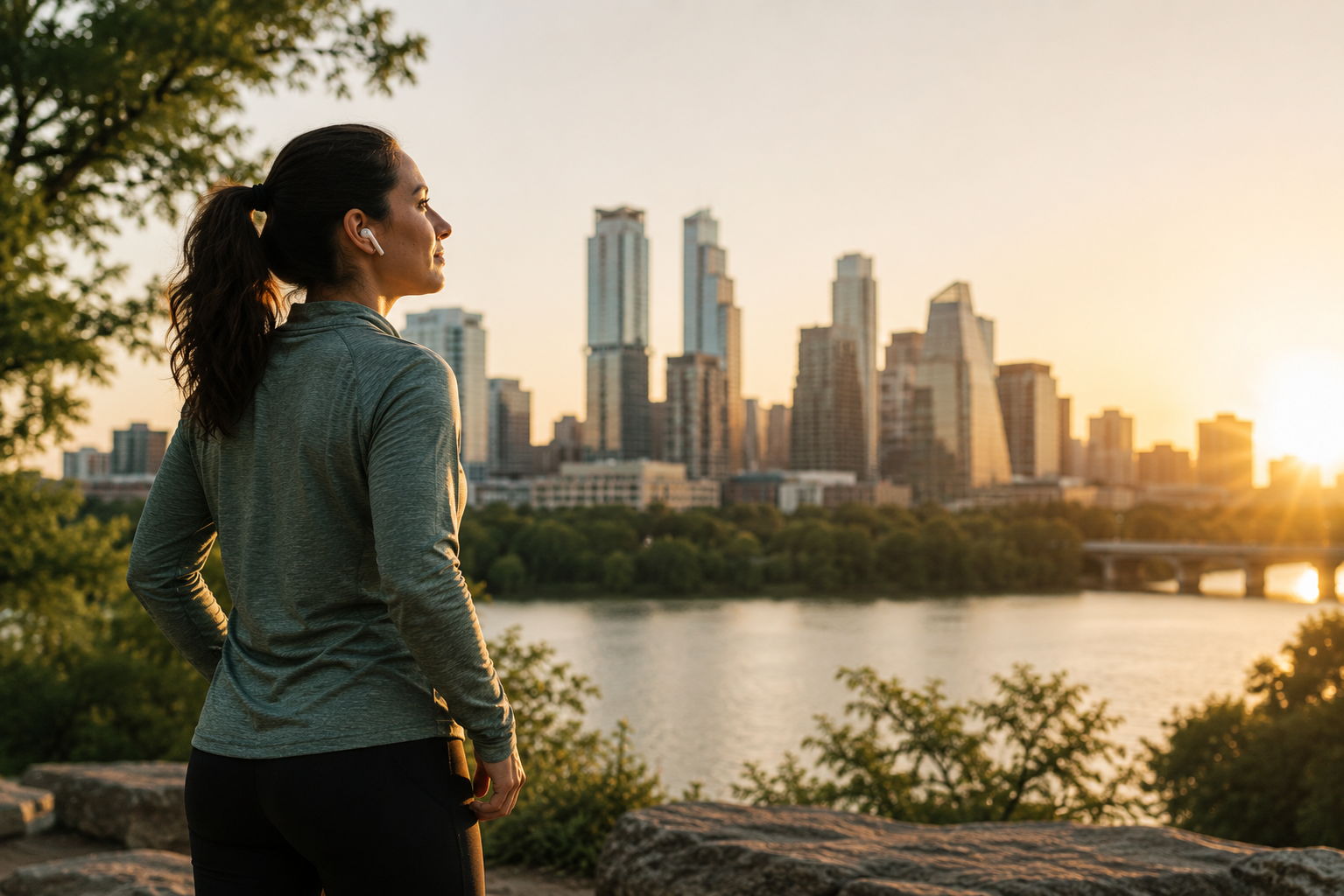 Mujer caminando cerca del skyline de Austin despu&eacute;s de recuperarse.