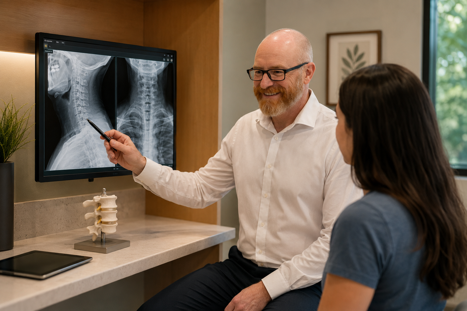 Doctor revisando radiograf&iacute;as cervicales con una paciente despu&eacute;s de un accidente.