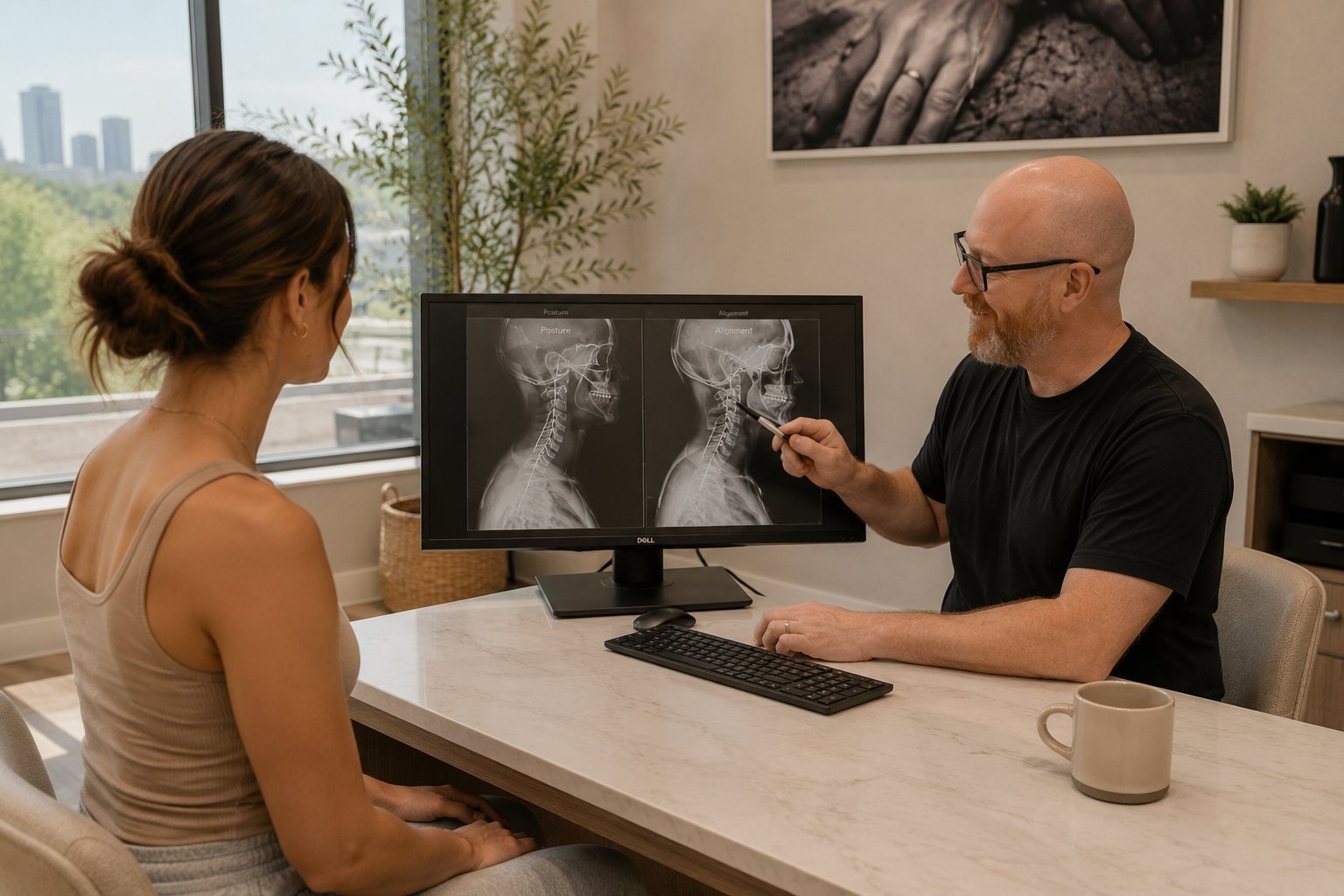 Dr. Nicolas Kellerman reviewing posture X-rays with a patient at 100% Chiropractic Austin Rosedale.