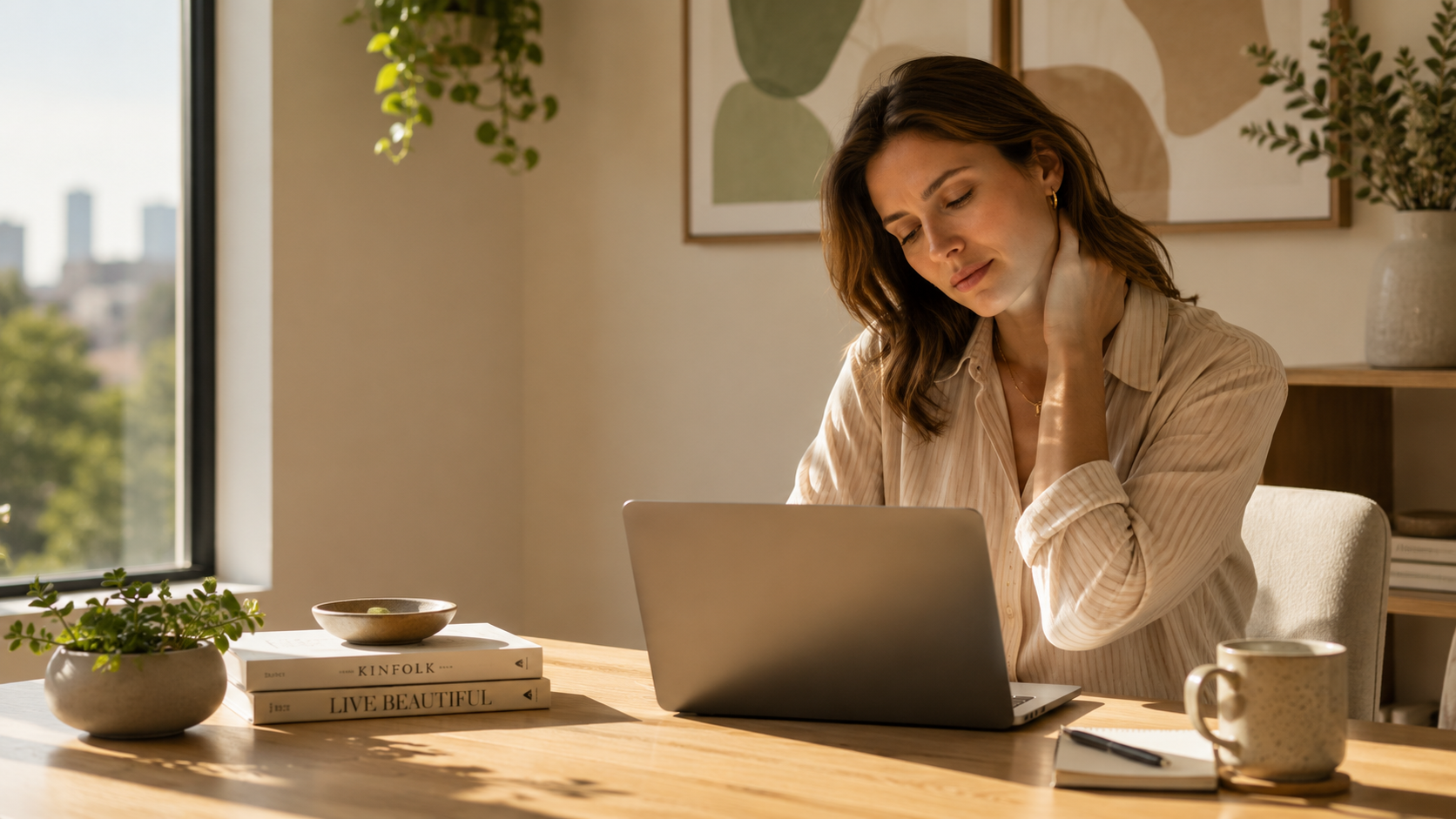 Woman with recurring neck strain while working at a laptop in Austin.