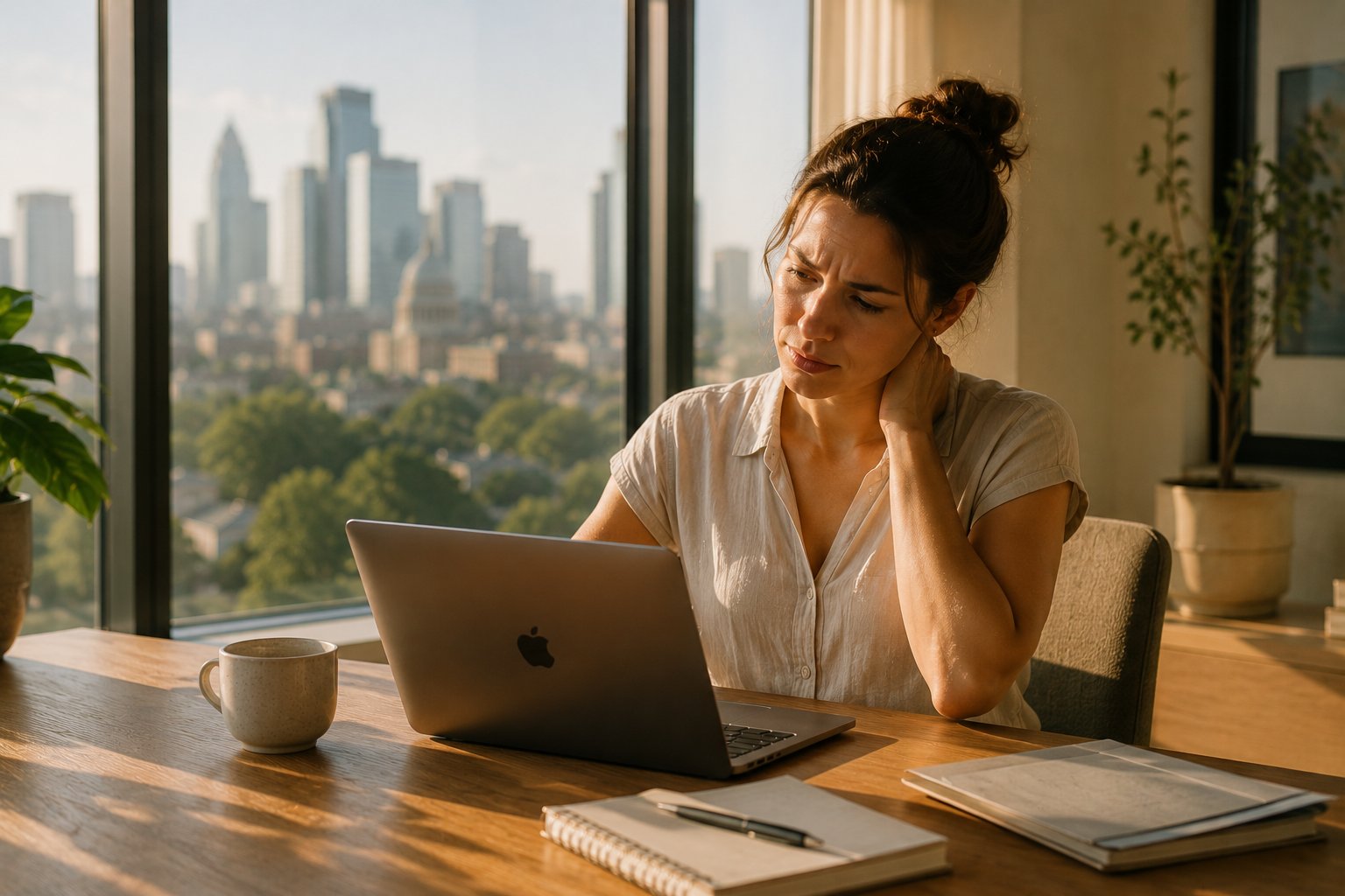 Woman with recurring neck strain working at a desk in Austin.