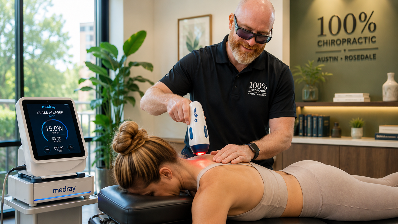 Dr. Nicolas Kellerman applying Class IV laser therapy in a treatment room.