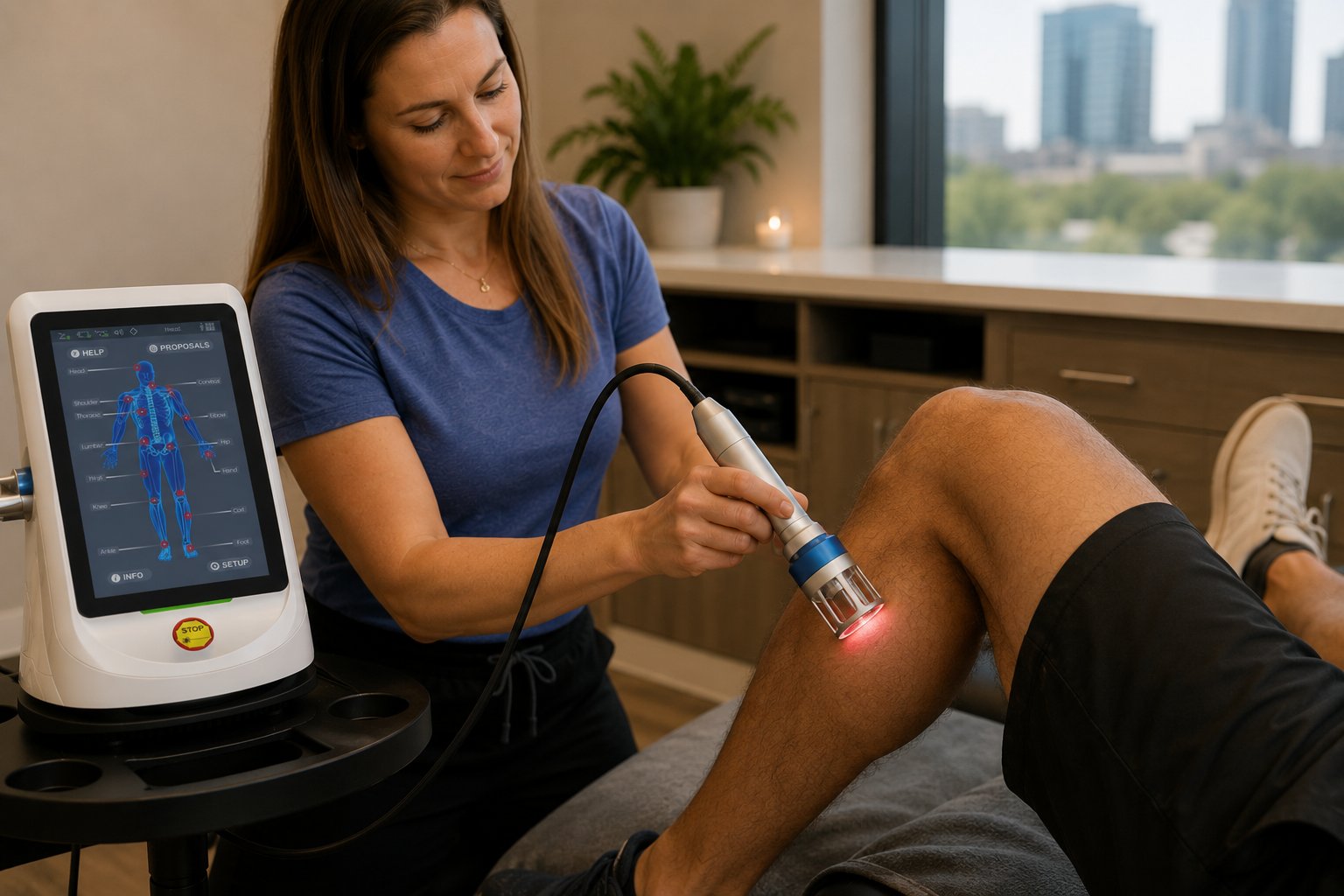 Class IV laser therapy in a calm treatment room at 100% Chiropractic Austin Rosedale.