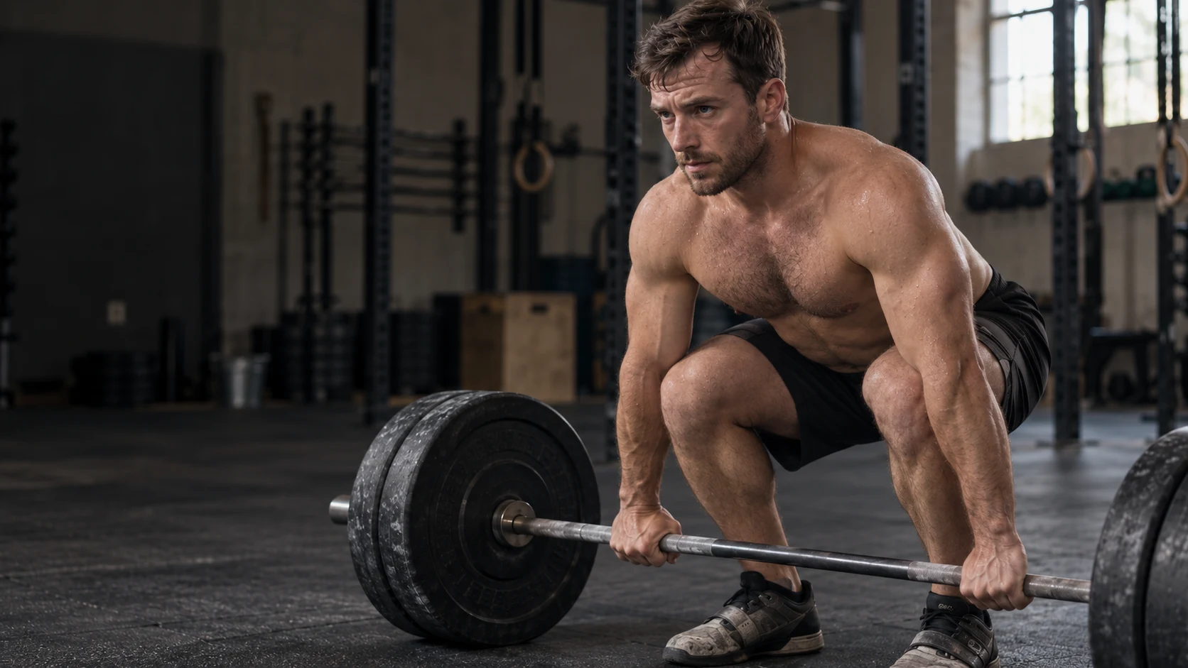 A lifter gathers himself before a barbell lift.